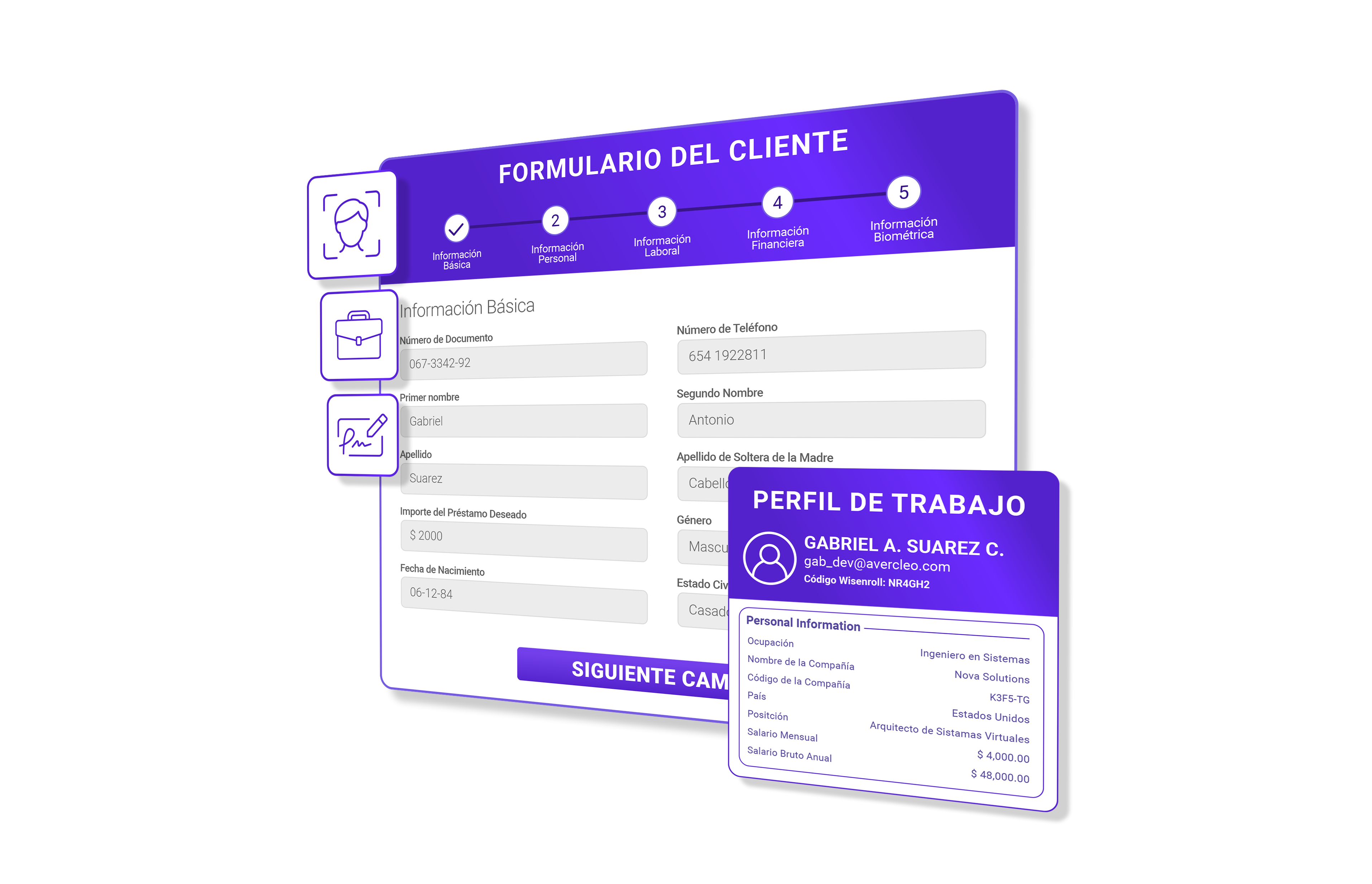Formulario del cliente con pasos guiados y resumen del perfil de trabajo