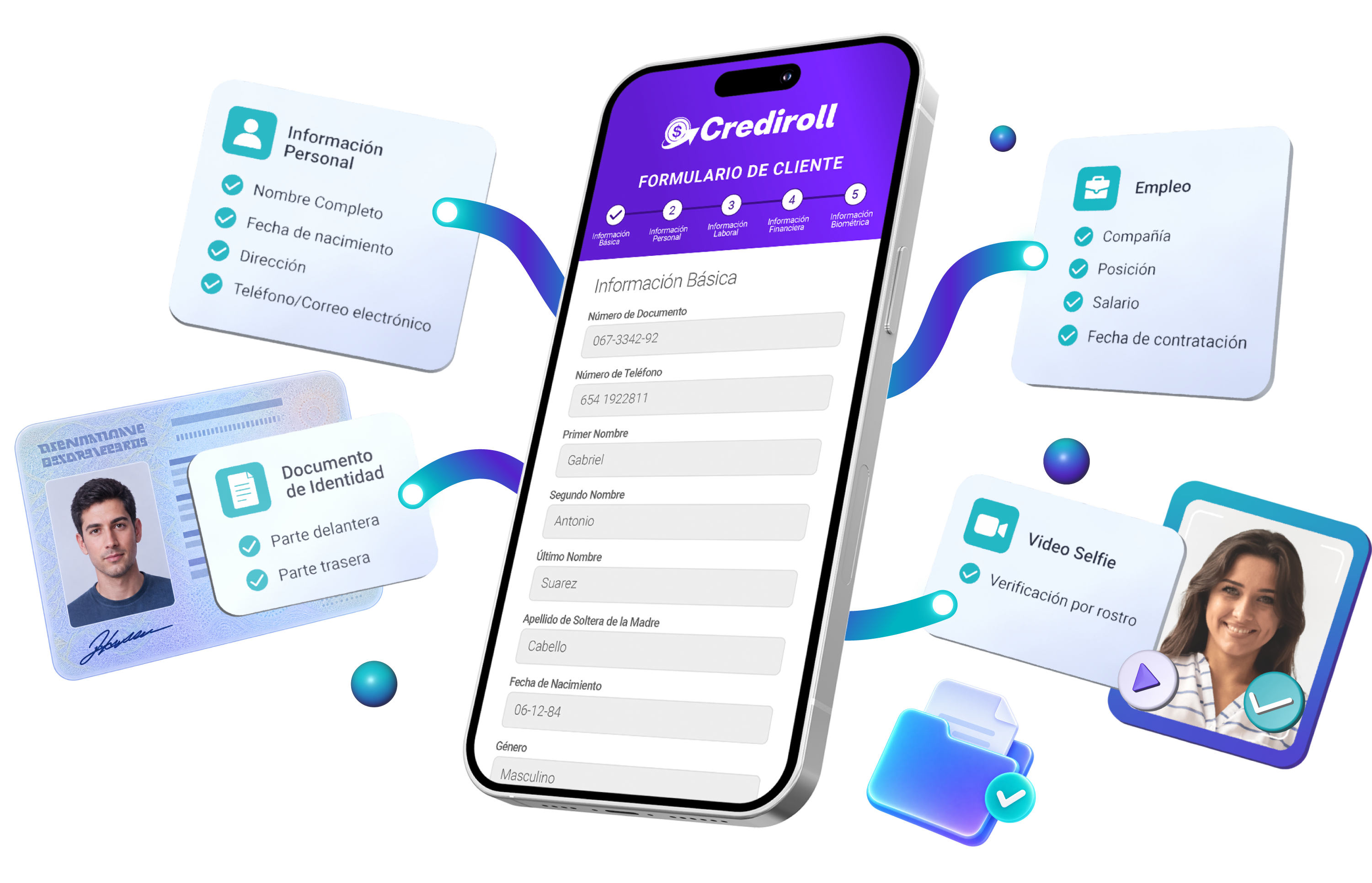 Onboarding digital en móvil con tarjetas de información personal, empleo, documento de identidad y video selfie