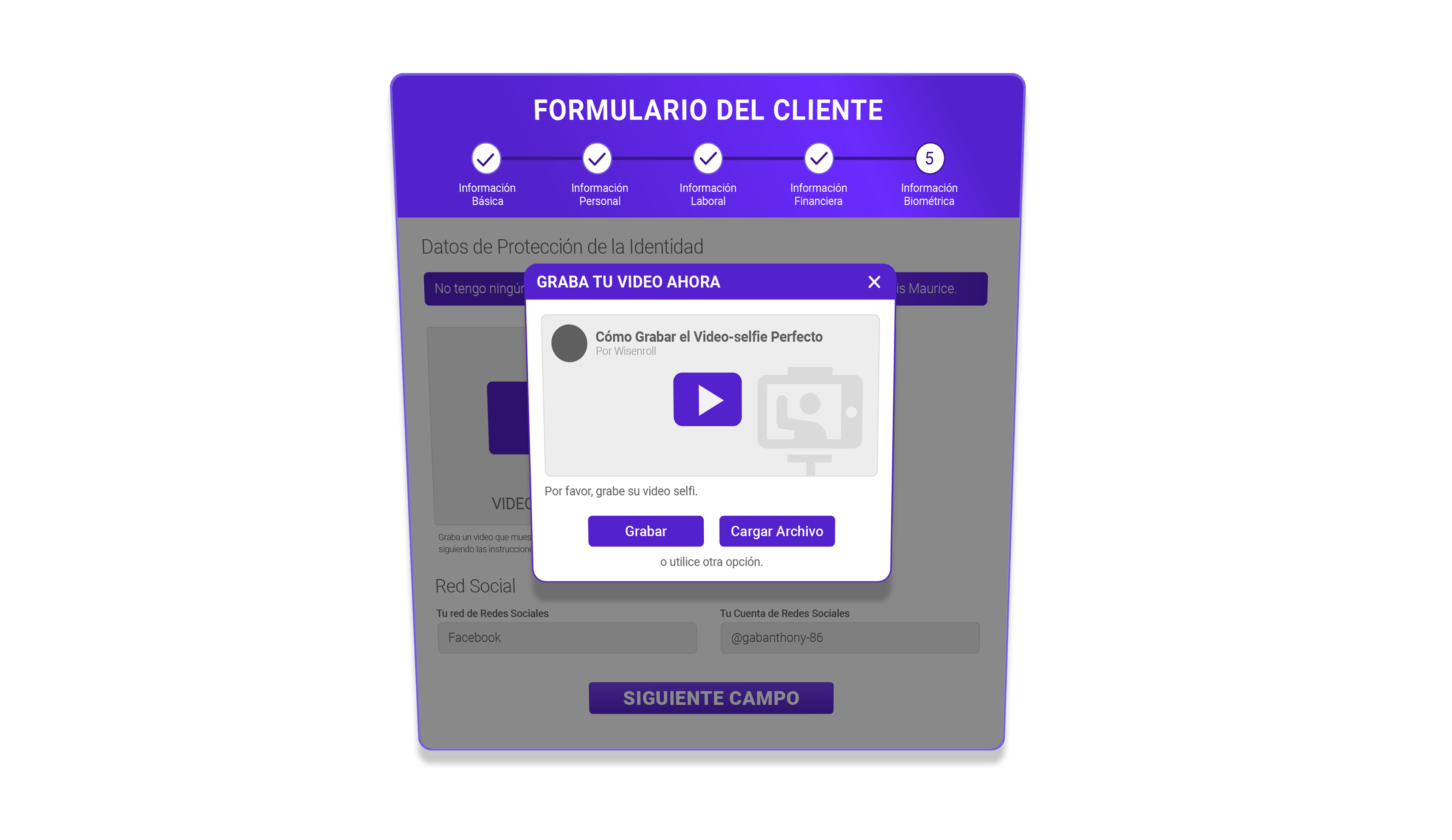 Formulario del cliente con ventana modal de graba tu video ahora para video selfie