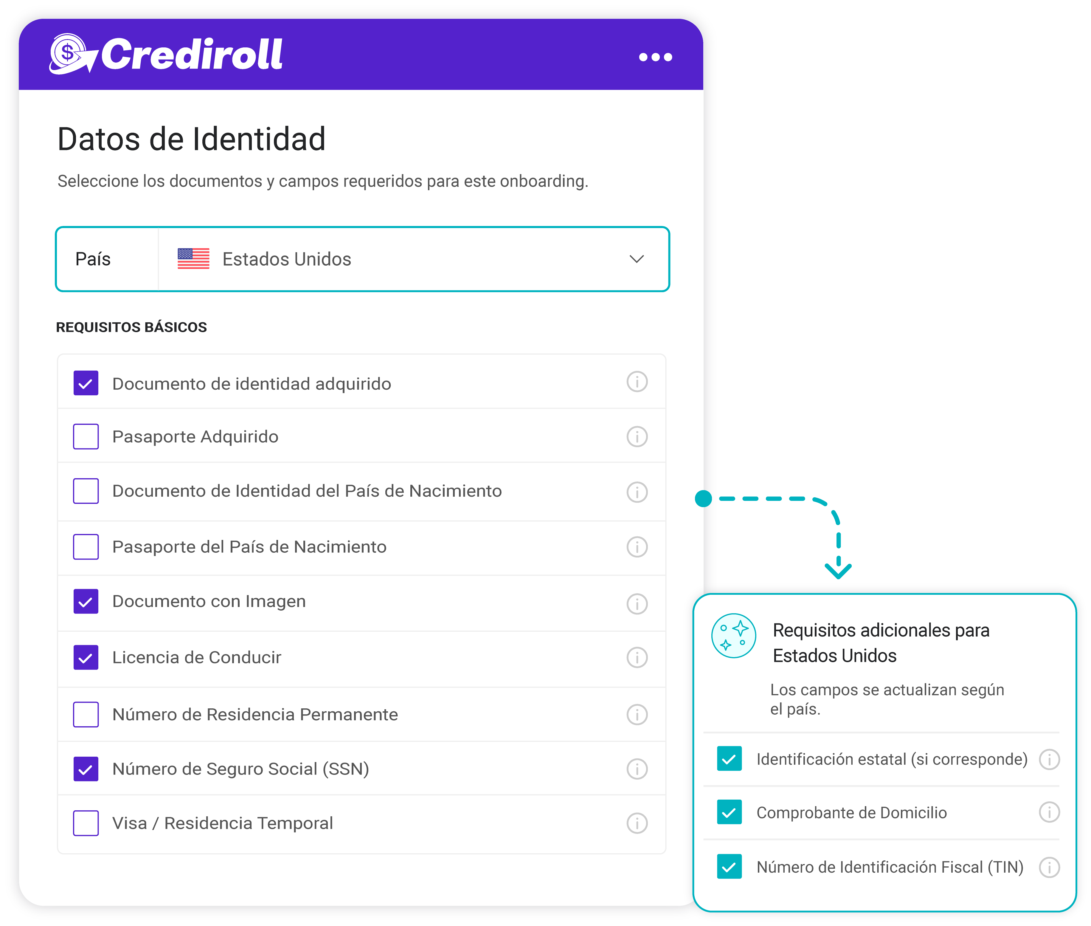 Configuración de datos de identidad con selección de país y documentos requeridos para el onboarding