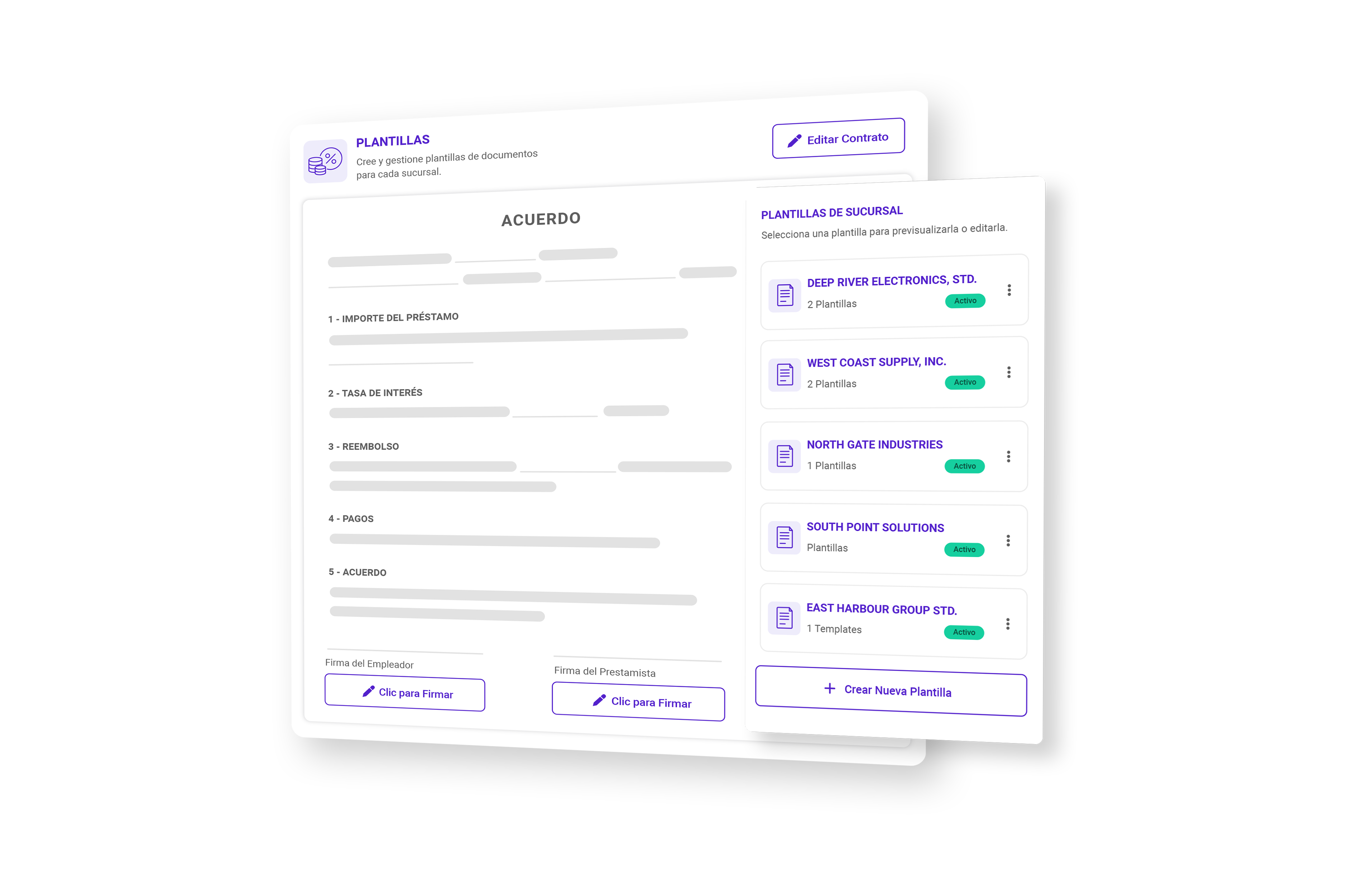 Plantilla de acuerdo con lista de plantillas de sucursales en Crediroll