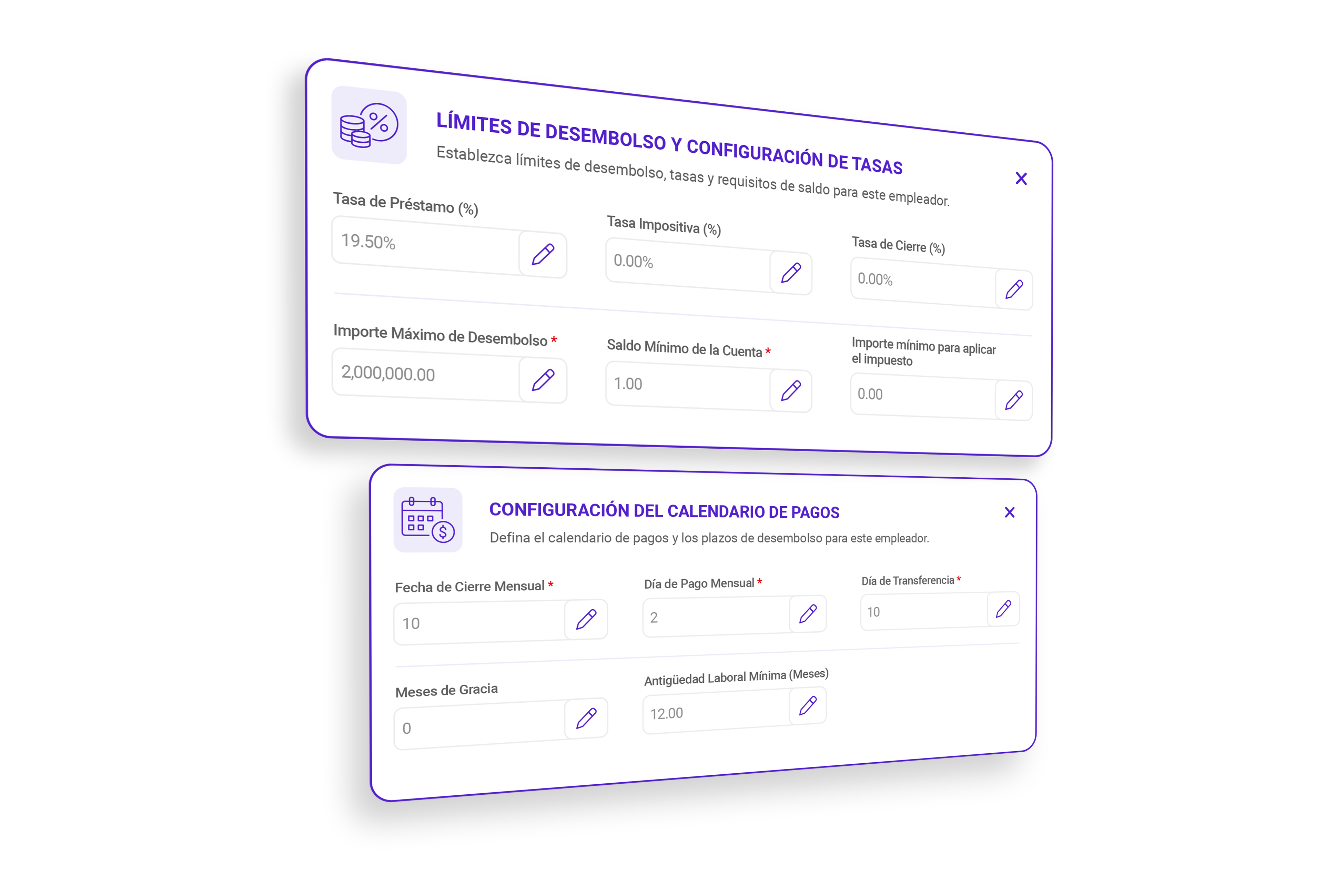 Paneles de configuración de límites de desembolso, tasas y calendario de pagos