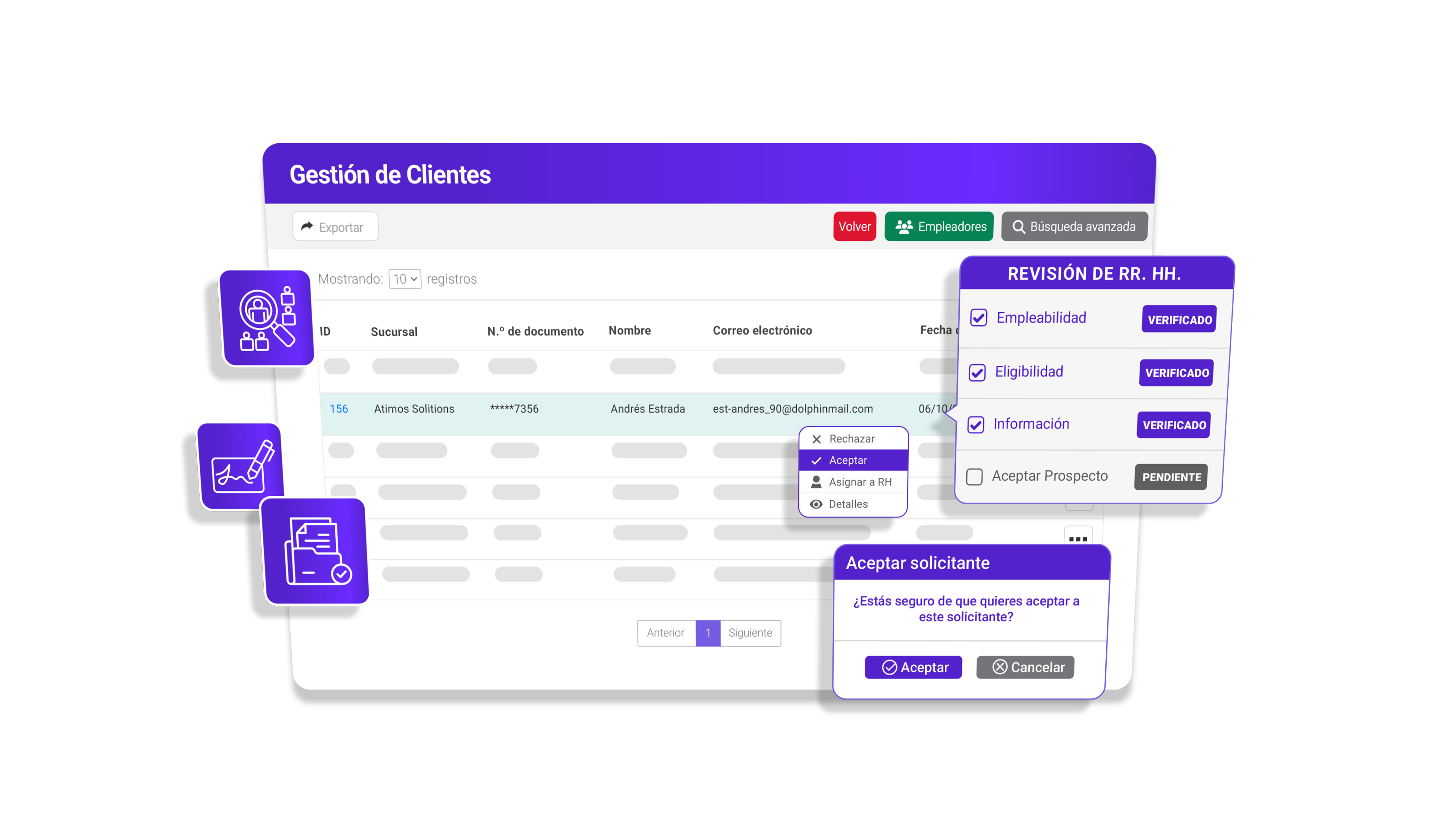 Mantenimiento de clientes con supervisión de RR. HH., biometría, documentación y aprobación de candidatos
