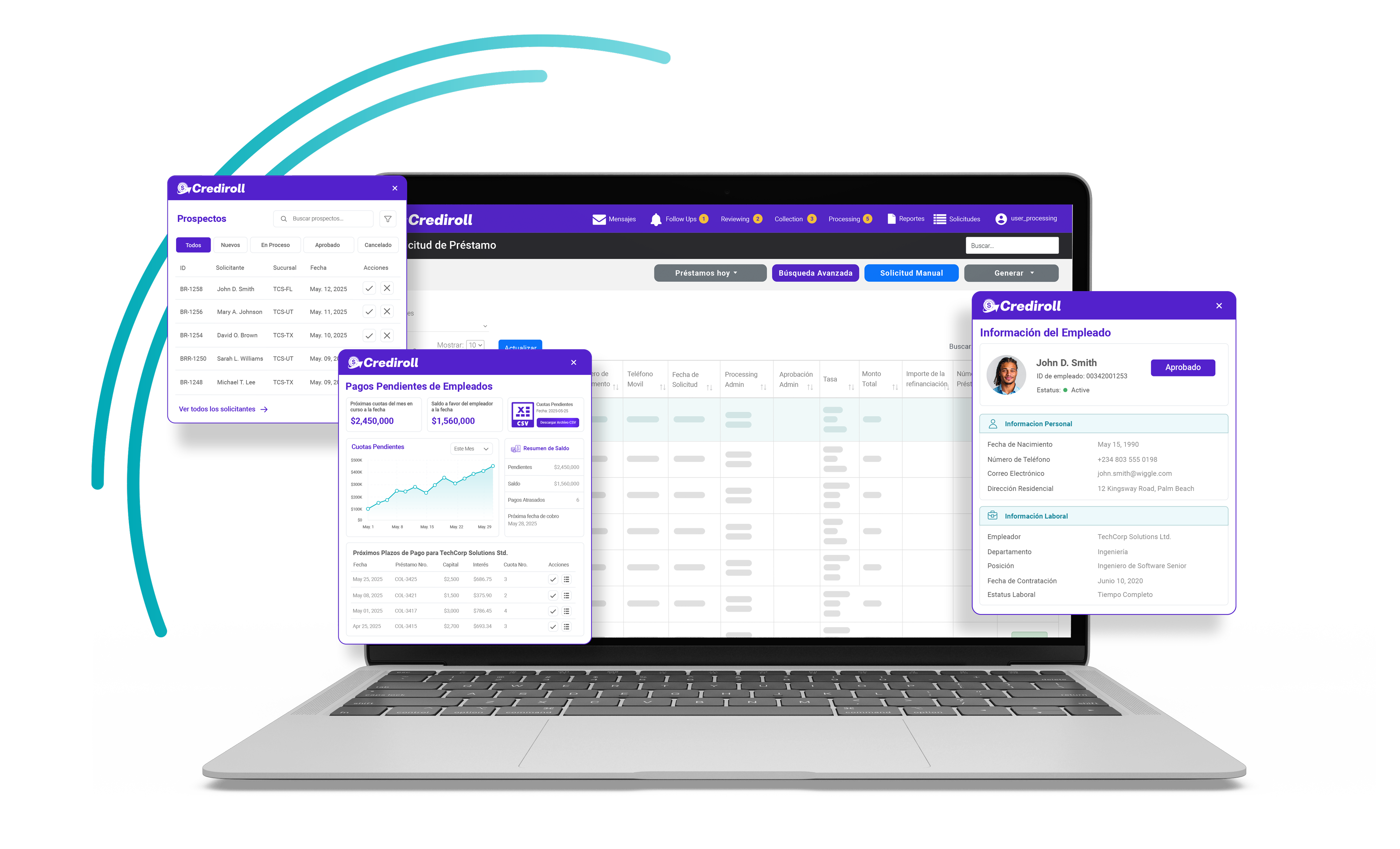 Plataforma Crediroll en laptop con paneles de prospectos, pagos pendientes e información de empleados