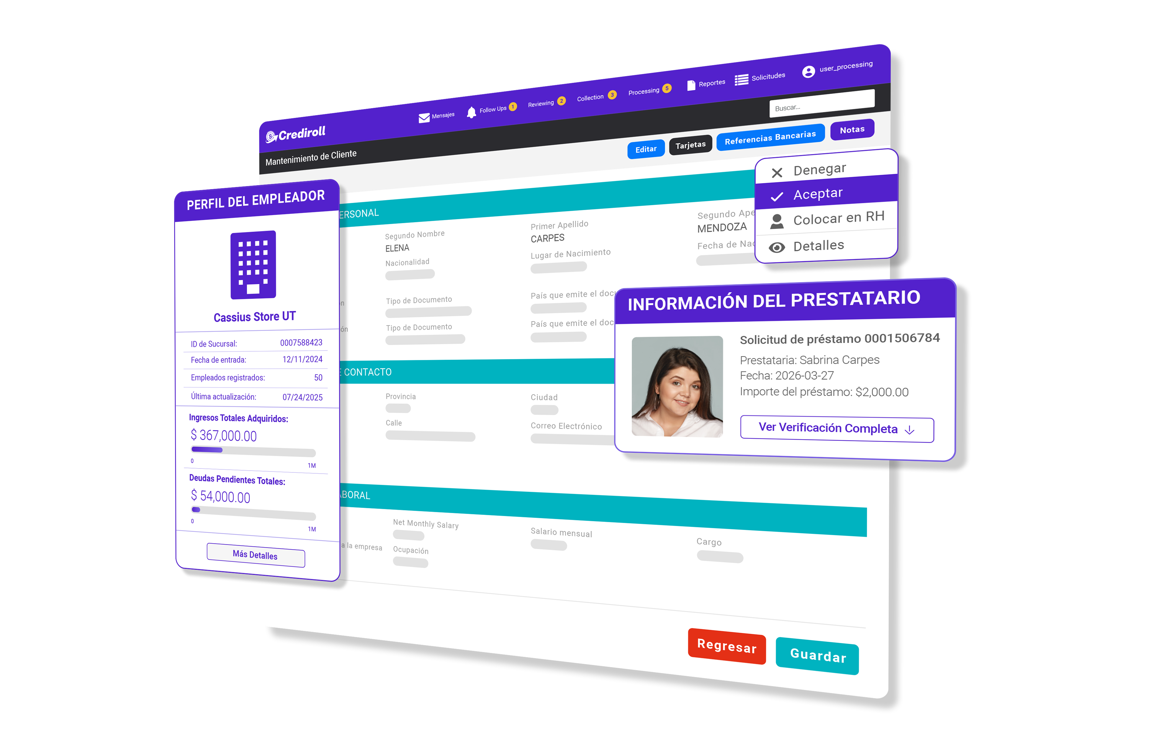 Perfil del empleador con paneles de información del prestatario y mantenimiento de clientes