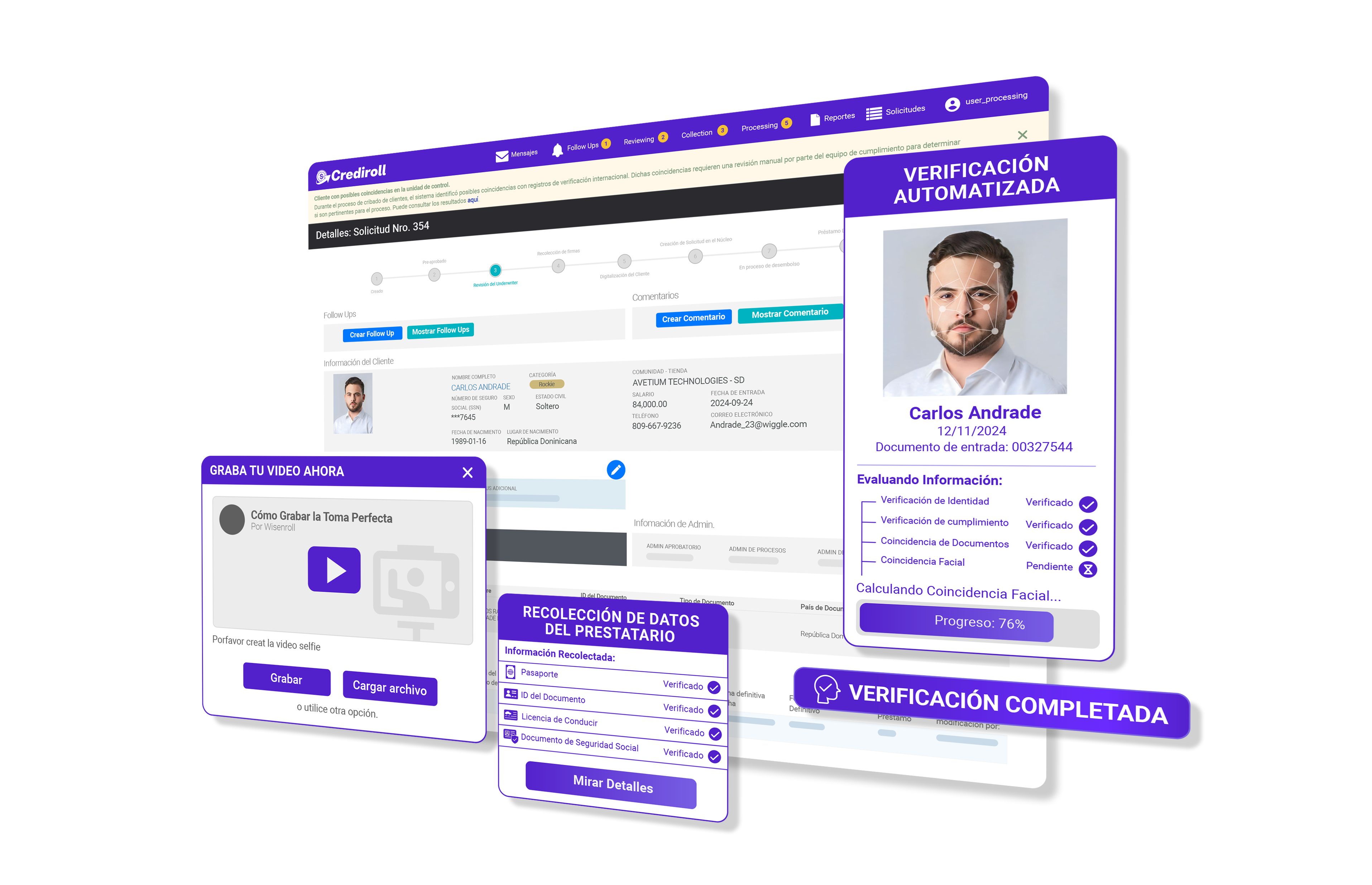 Verificación automatizada con video selfie, recolección de datos del prestatario y resultados de comparación facial