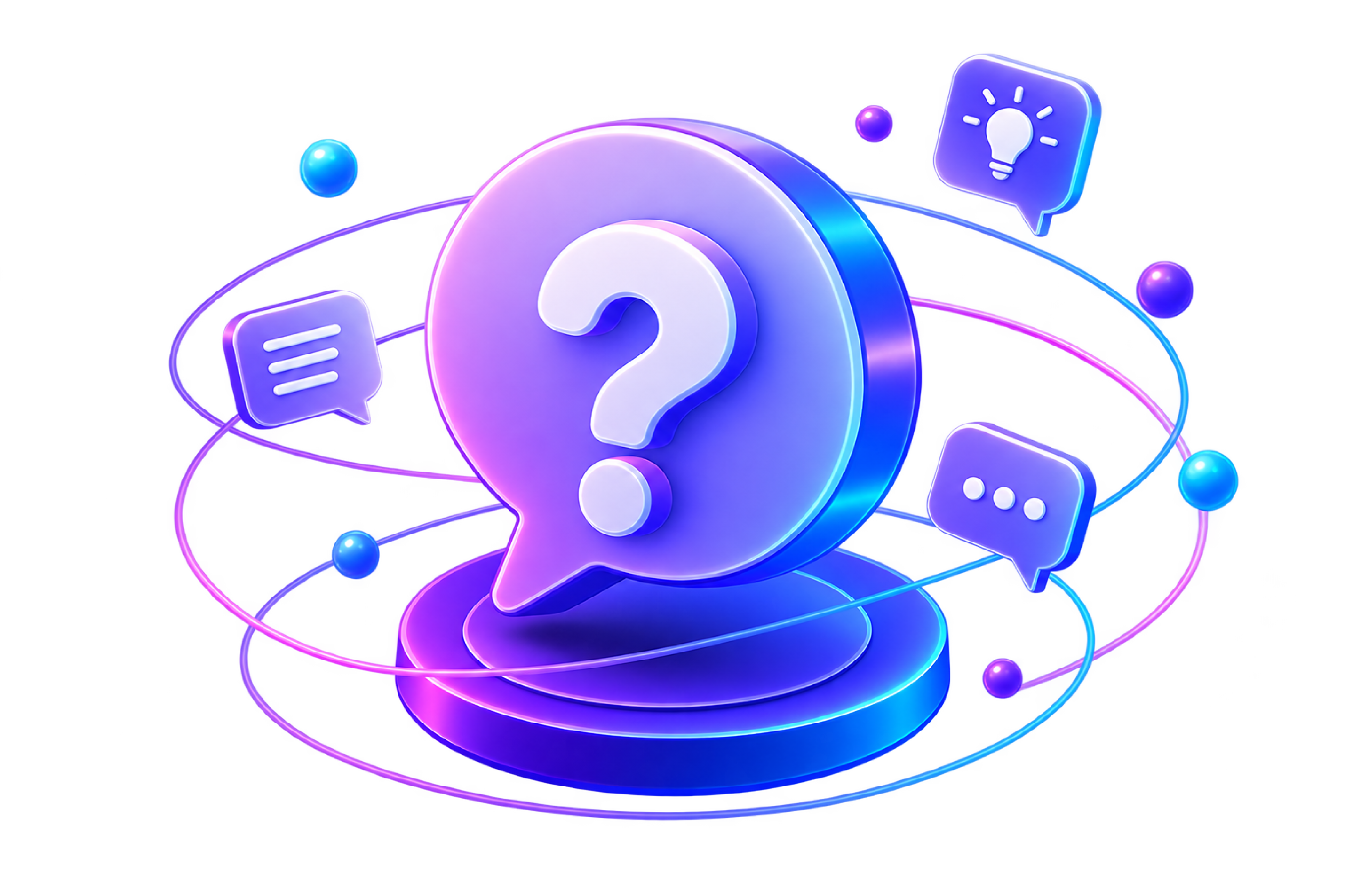Ilustración 3D de signo de interrogación con burbujas de chat