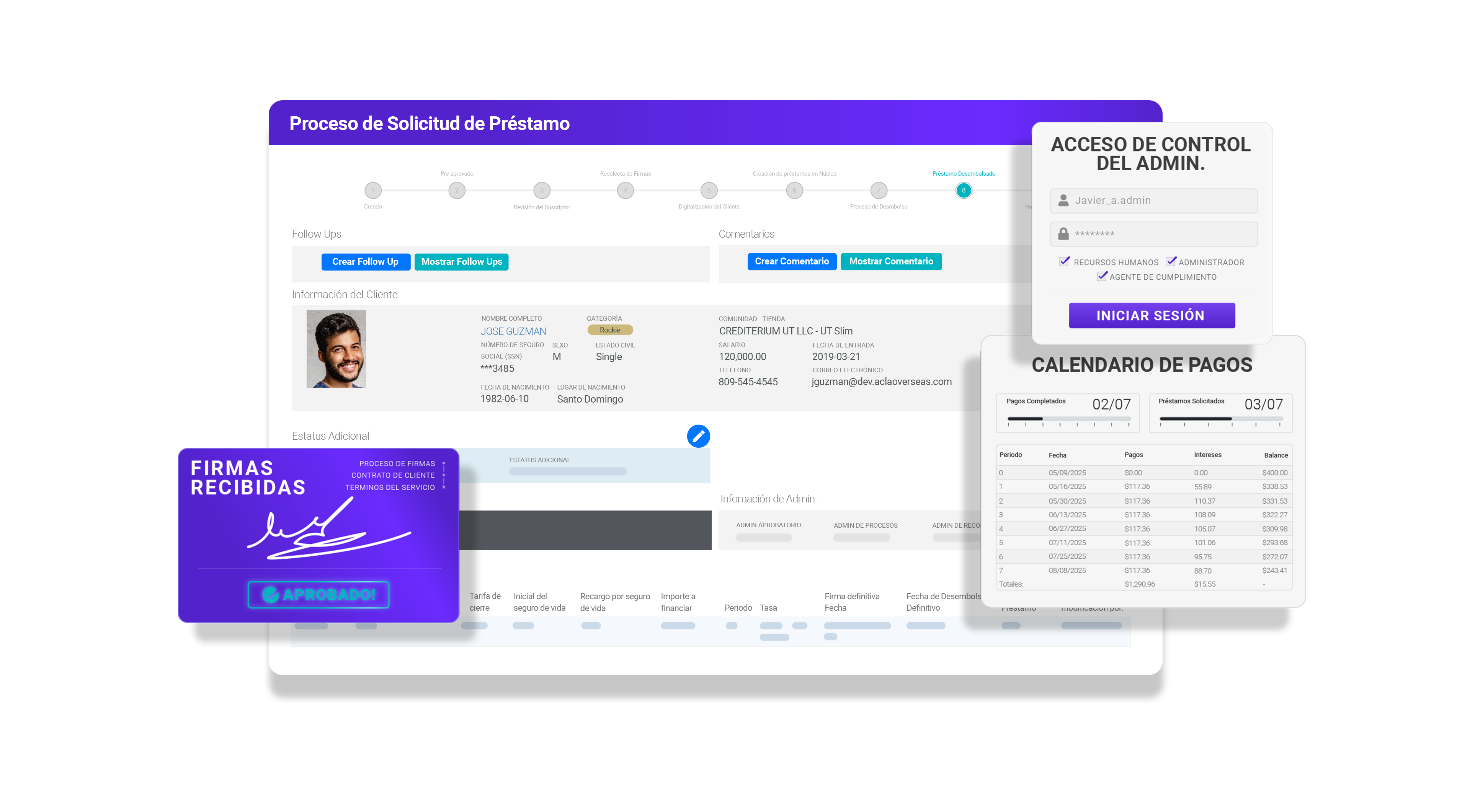 Proceso de solicitud de préstamo de Crediroll con control administrativo y calendario de pagos