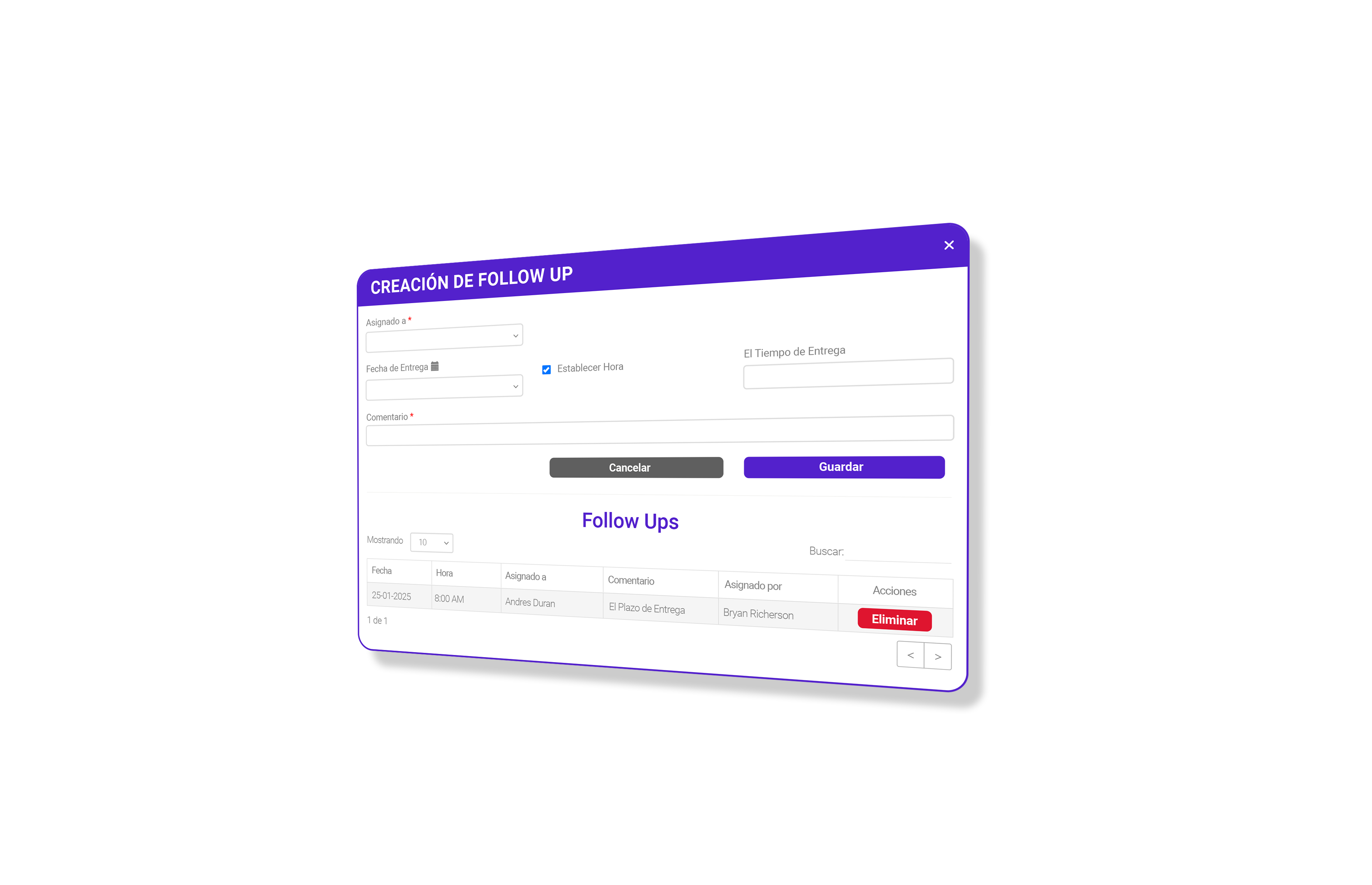 Formulario de creación de follow up con tabla de seguimientos asignados