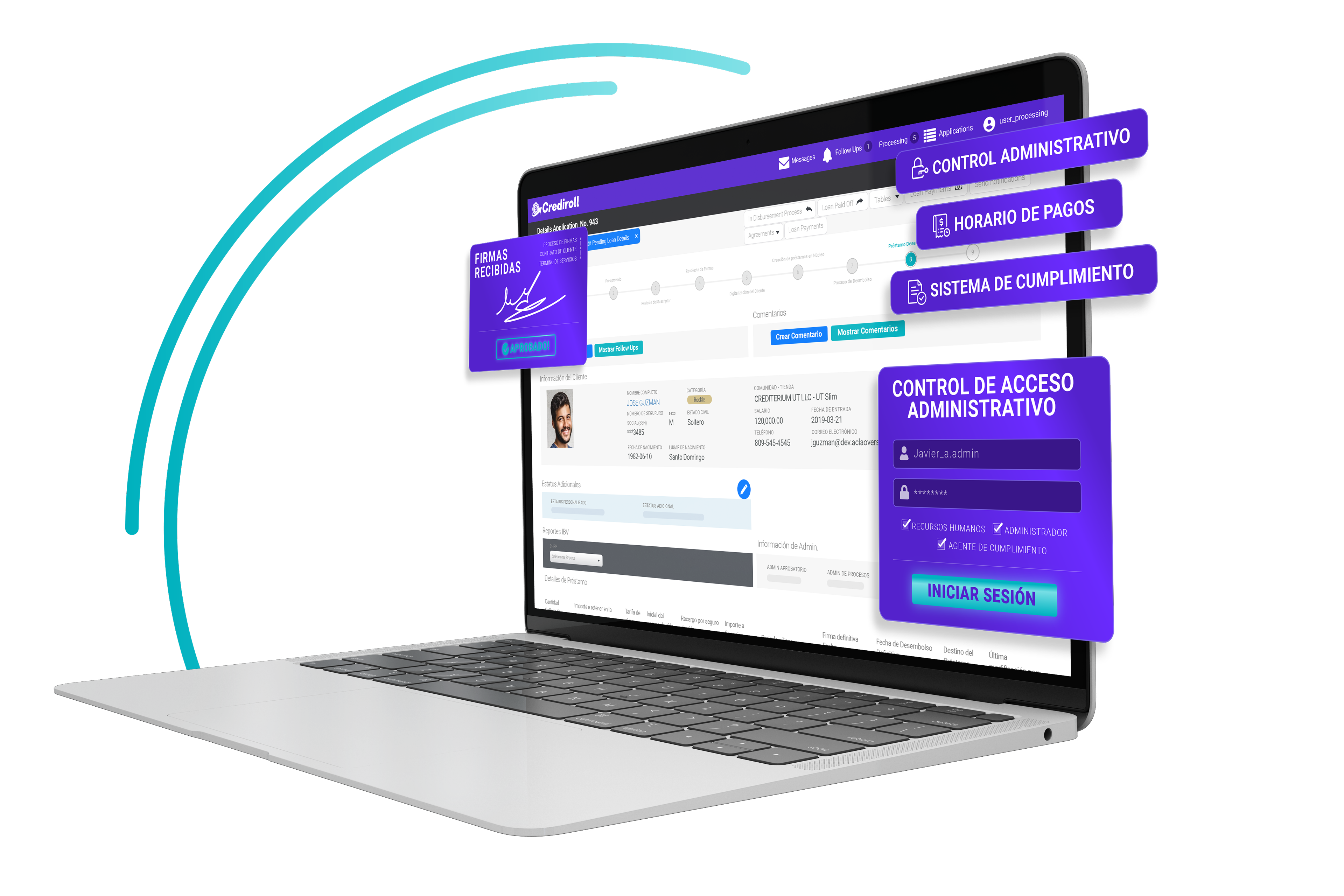 Panel de Crediroll en computadora portátil con control administrativo, calendario de pagos y sistema de cumplimiento