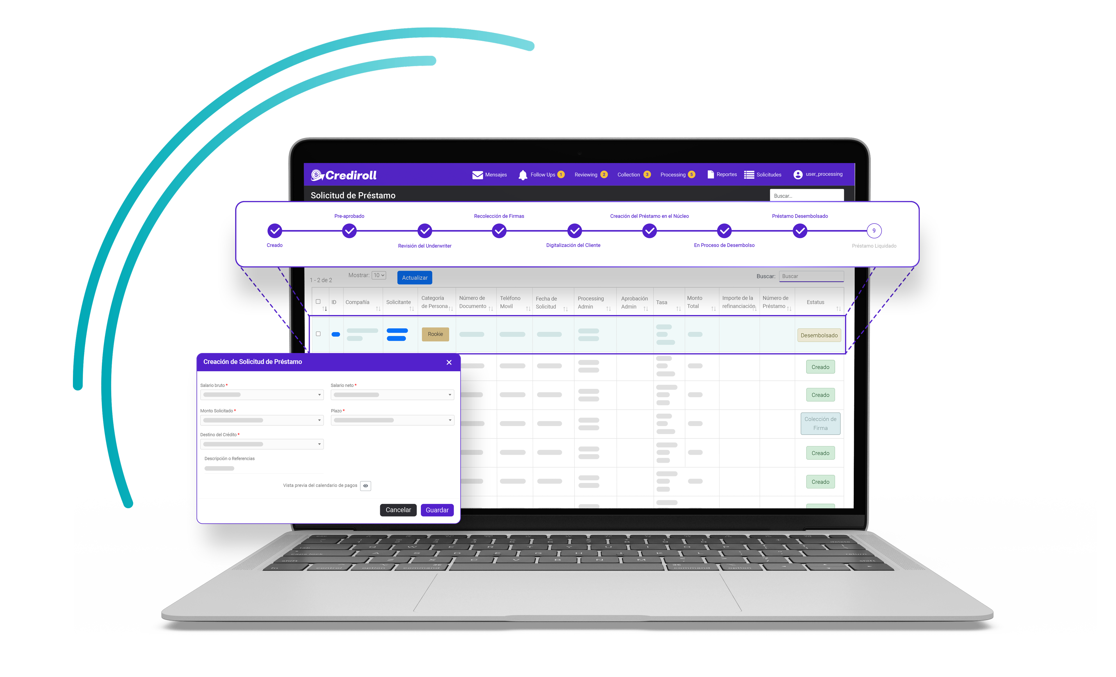 Espacio de trabajo de solicitudes de préstamo en laptop con pipeline de solicitudes y formulario de creación de solicitud de préstamo