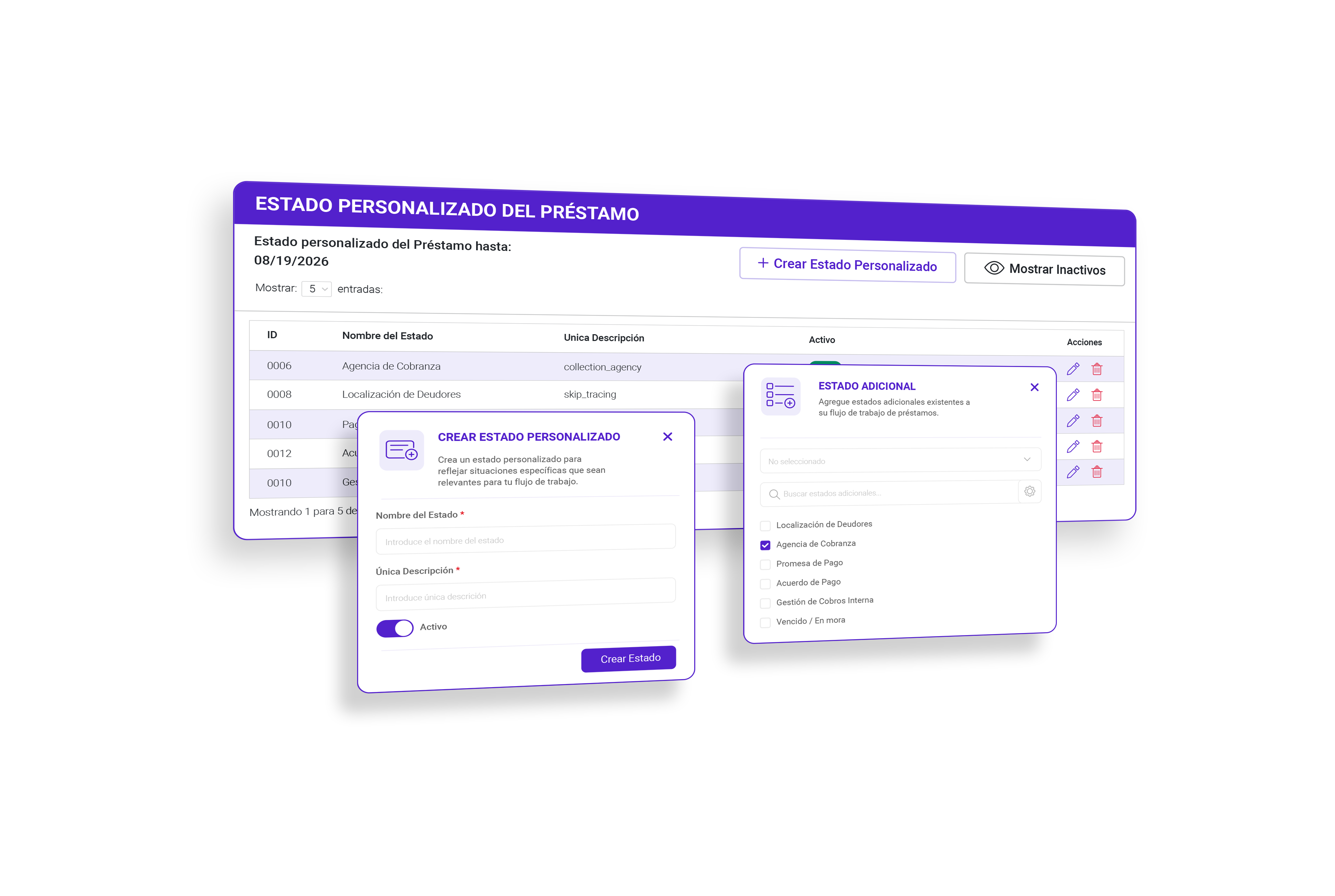 Estados personalizados del préstamo con paneles de crear estado personalizado y estado adicional