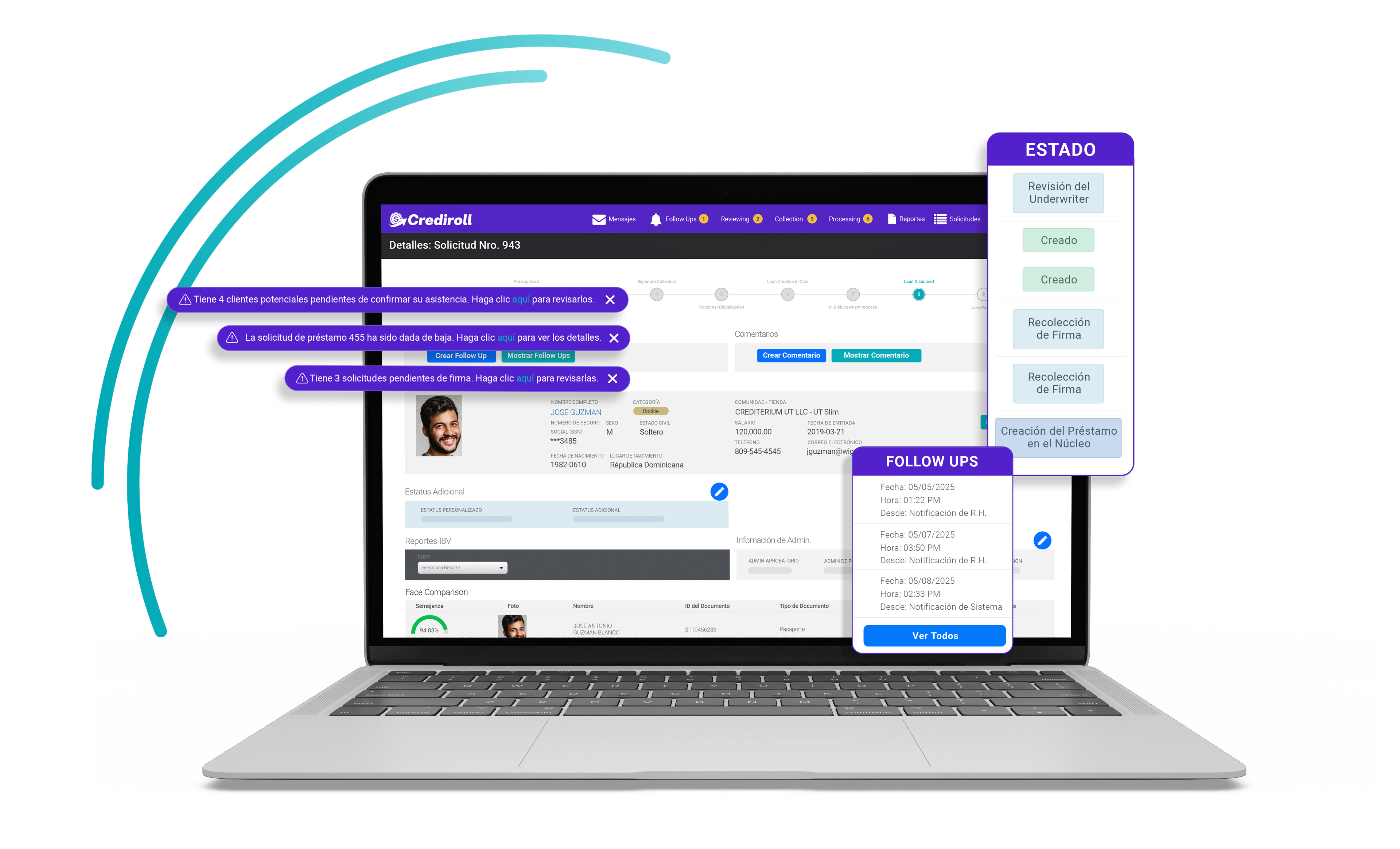 Detalles de la solicitud de Crediroll en laptop con paneles de estado y seguimientos