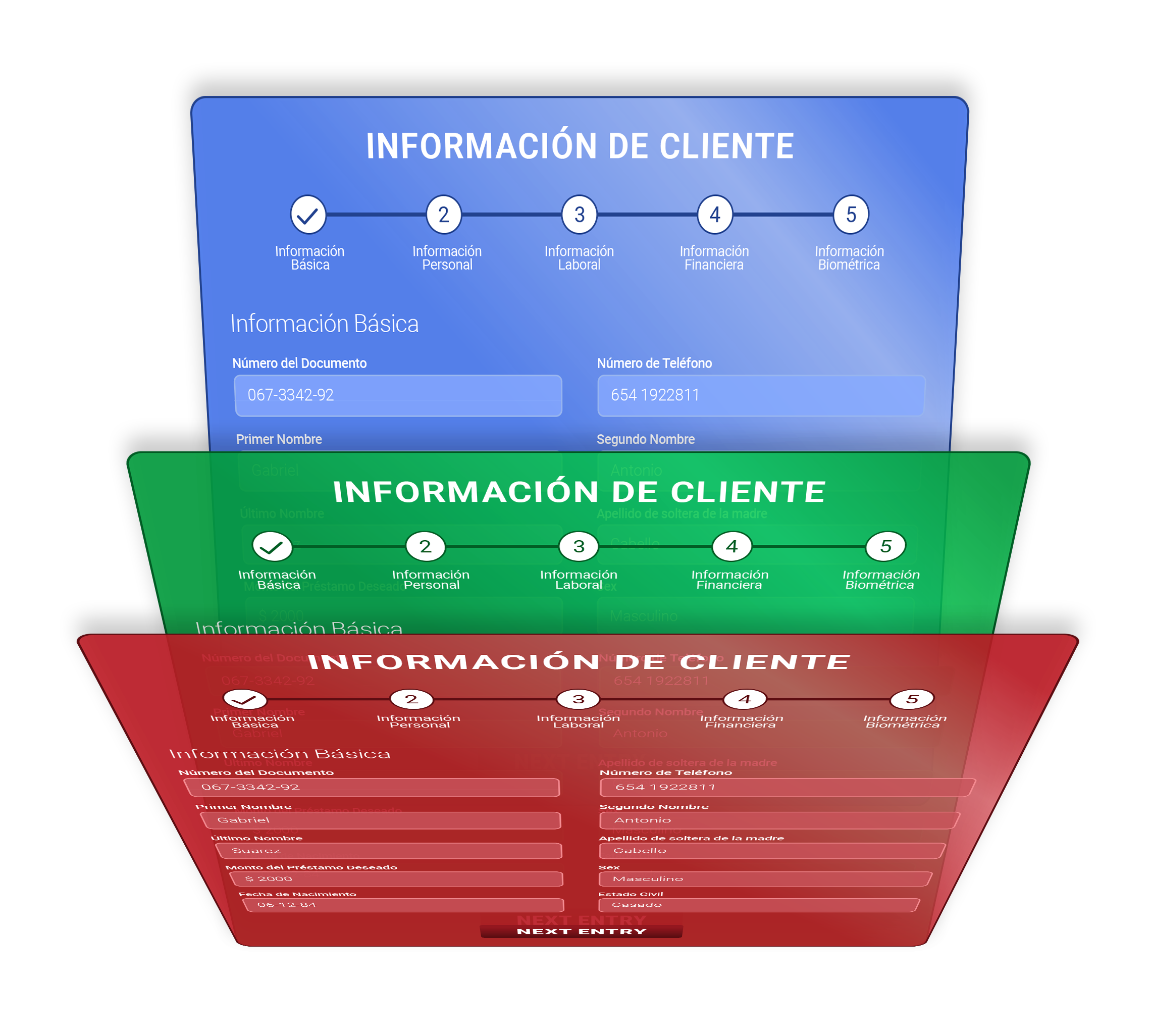 Formularios de información de cliente de marca blanca en colores de marca azul, verde y rojo