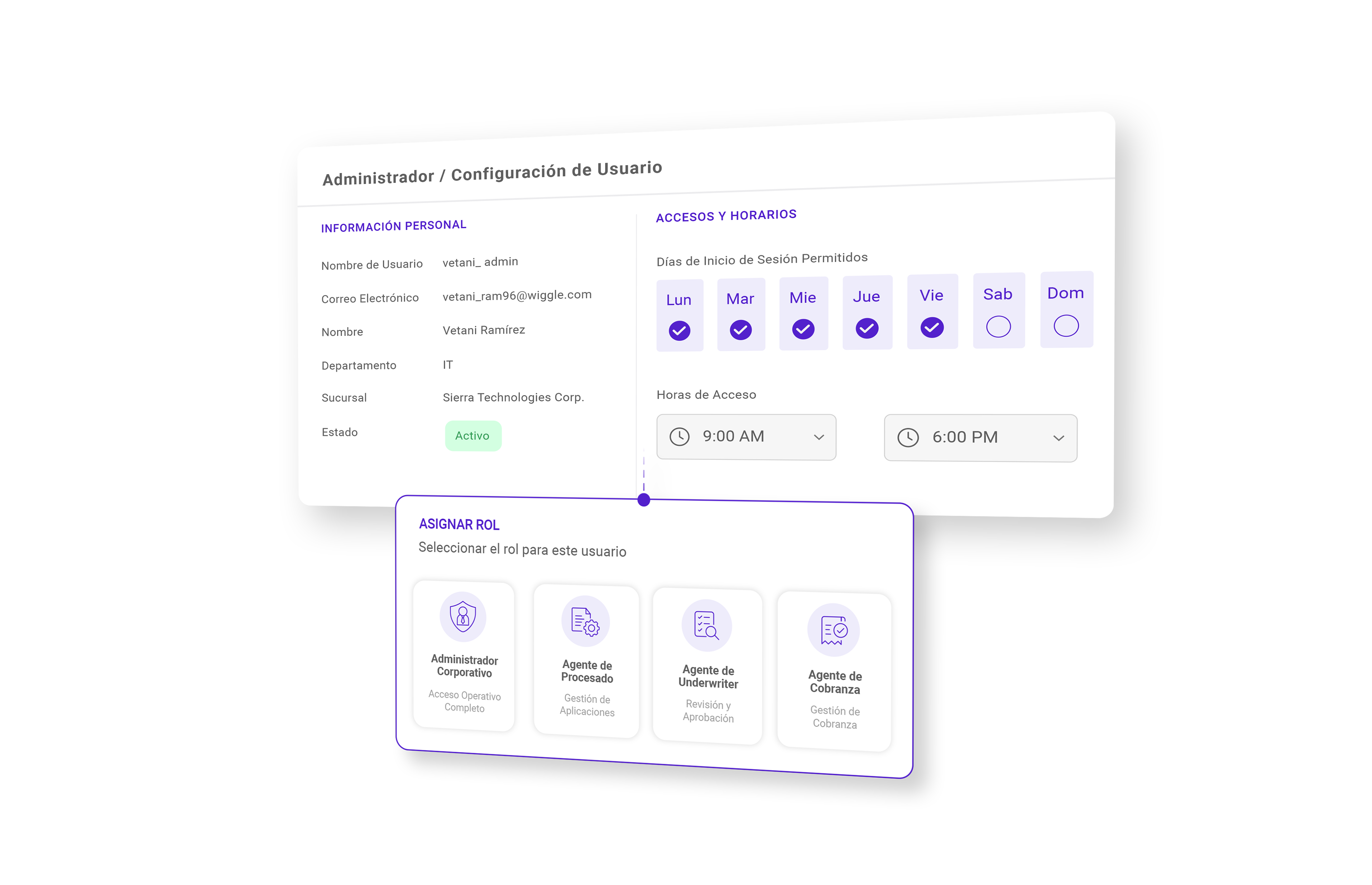 Configuración de usuario administrador con horarios de acceso y asignación de roles para administradores corporativos y agentes